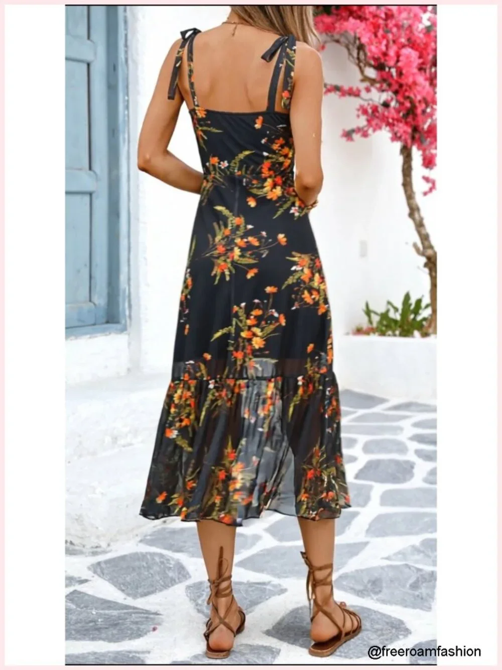Floral Mesh Midi Dress Sweetheart Neck Tie Straps Ruffle